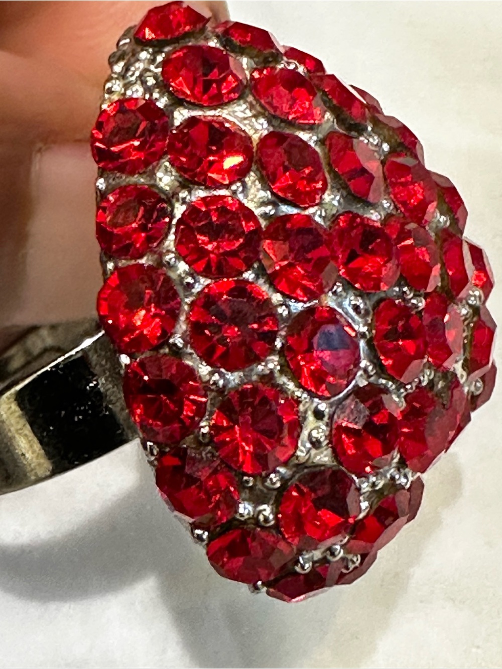 Vintage Red Crystal Cluster Heart Ring-Adjustable-overside-1stone missing